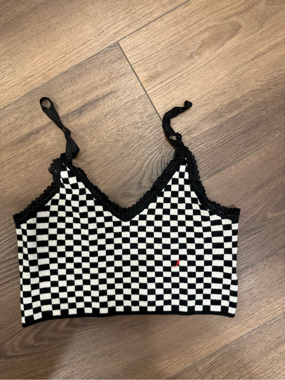 SHEIN Black and White Checkered Lace-Trim Crop Cami